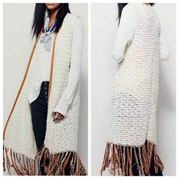 Free People Madeline Long Fringe Vest Boho Cardigan Sweater Womens M Cream Tan - Picture 4 of 9